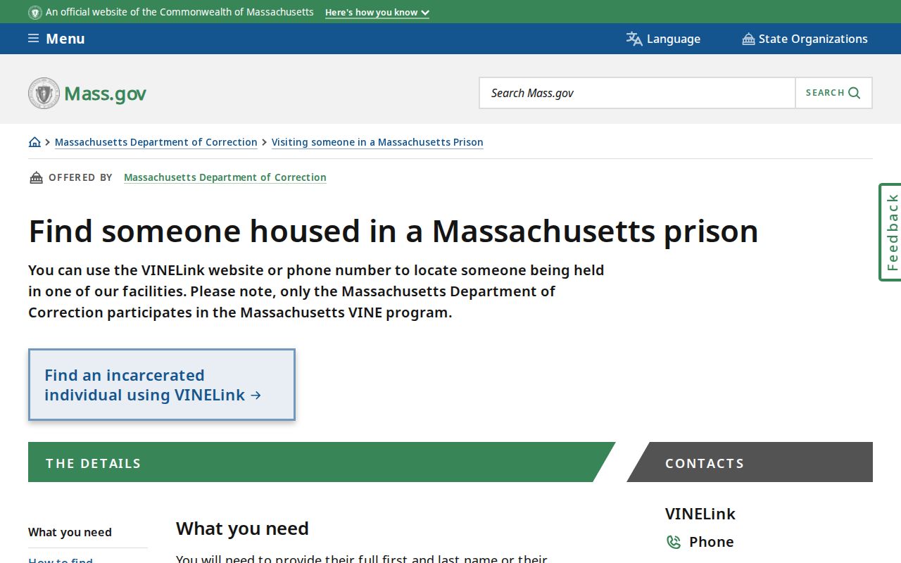 MADOC current custody locator for a Dukes County state prisoner