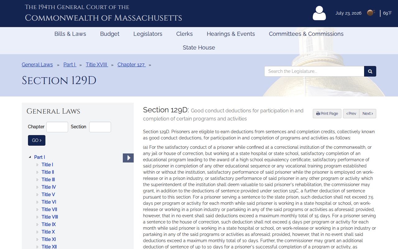 Massachusetts earned-time law affecting Dukes County release dates